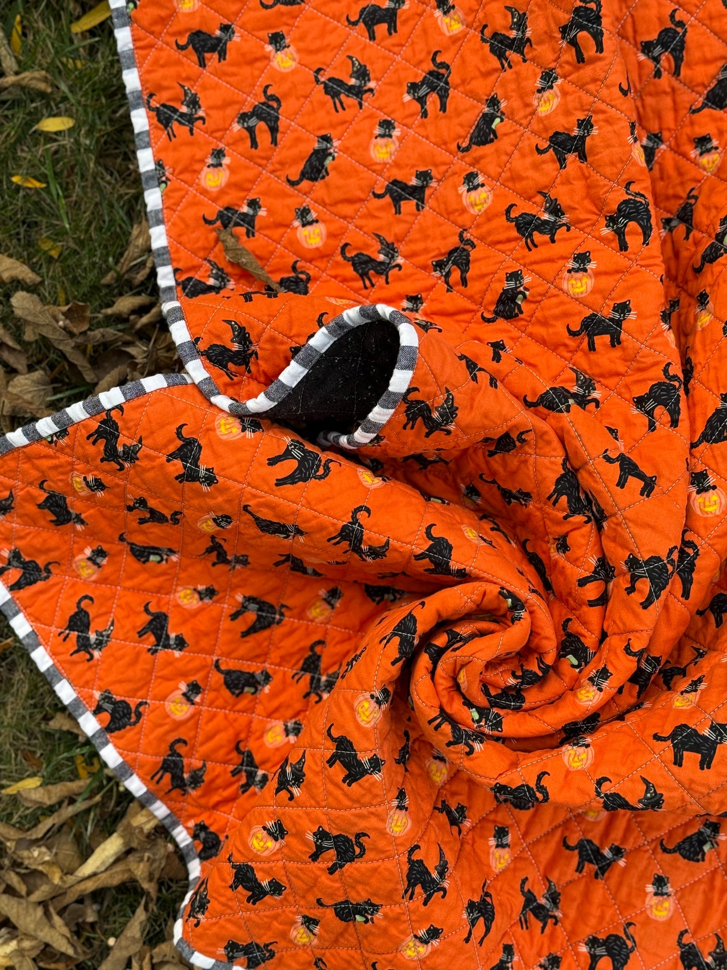 **Flawed and discounted- see description** Kid Size Quilt - Orange Halloween Cat