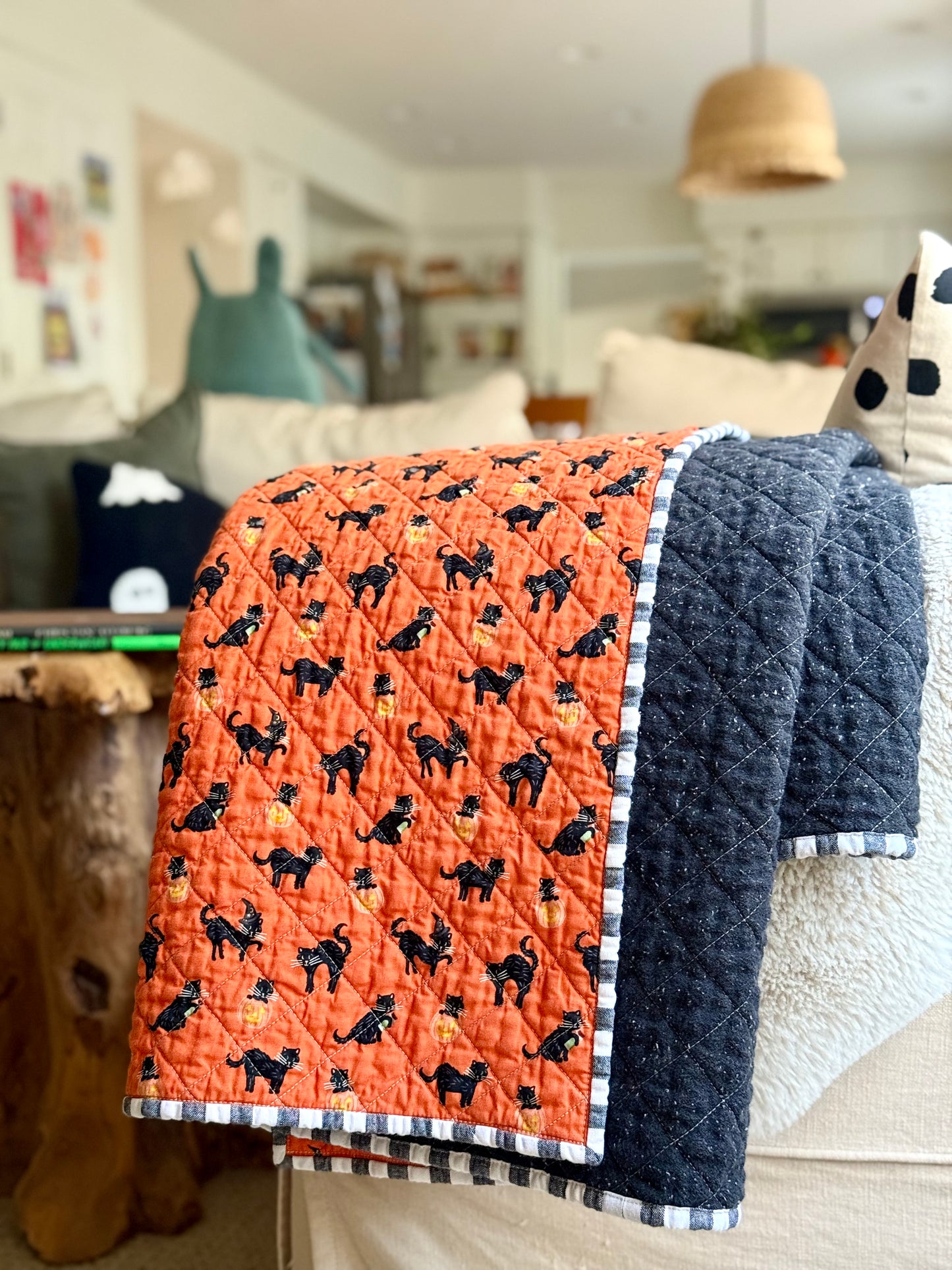 **Flawed and discounted- see description** Kid Size Quilt - Orange Halloween Cat