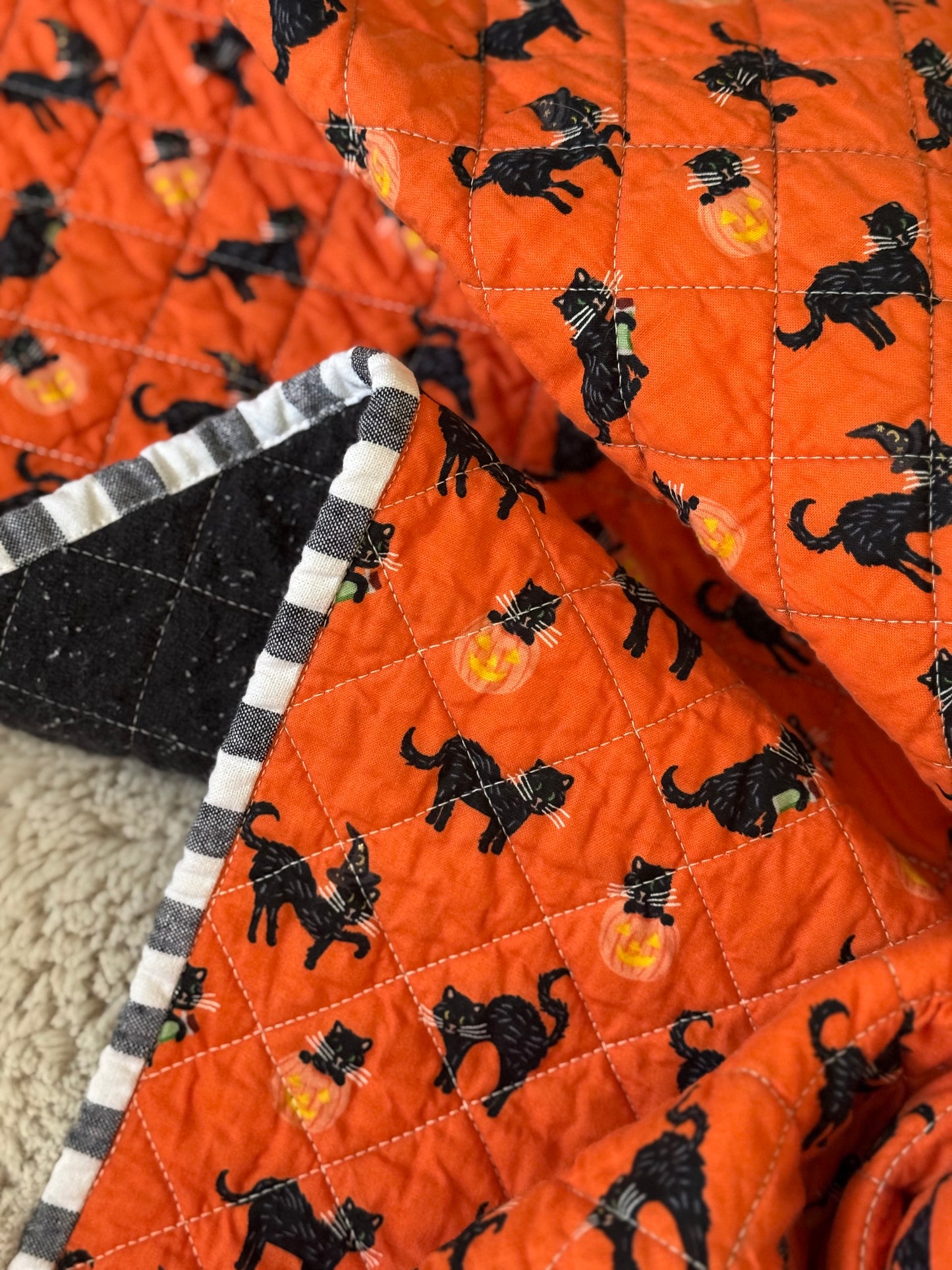 Kid Size Quilt - Orange Halloween Cat