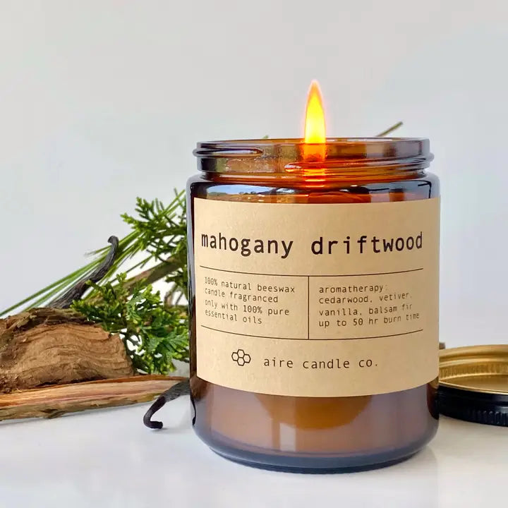 Mahogany Driftwood Beeswax Candle from aire candle co.