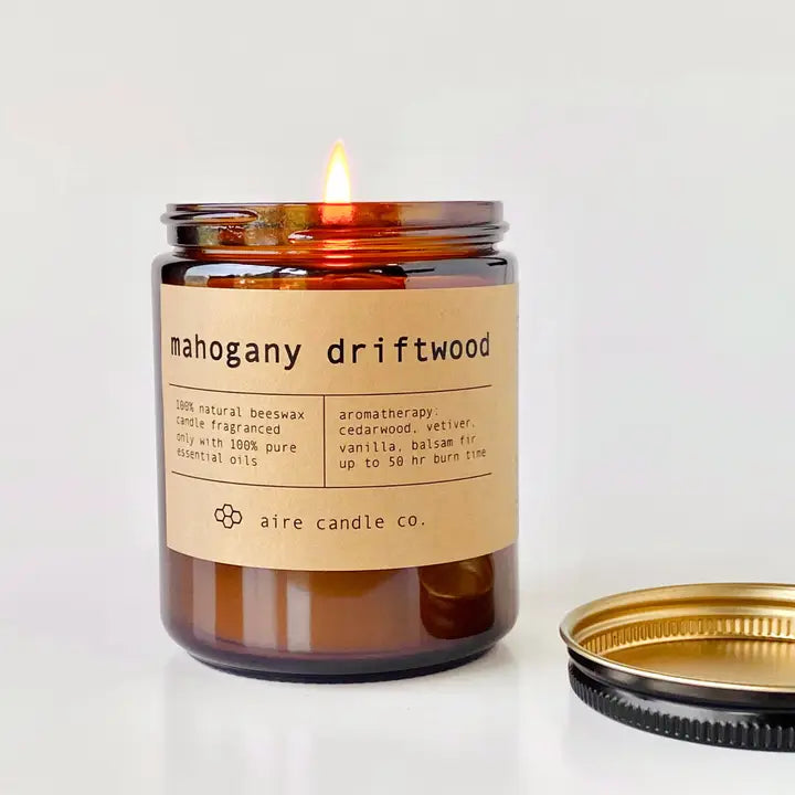Mahogany Driftwood Beeswax Candle from aire candle co.