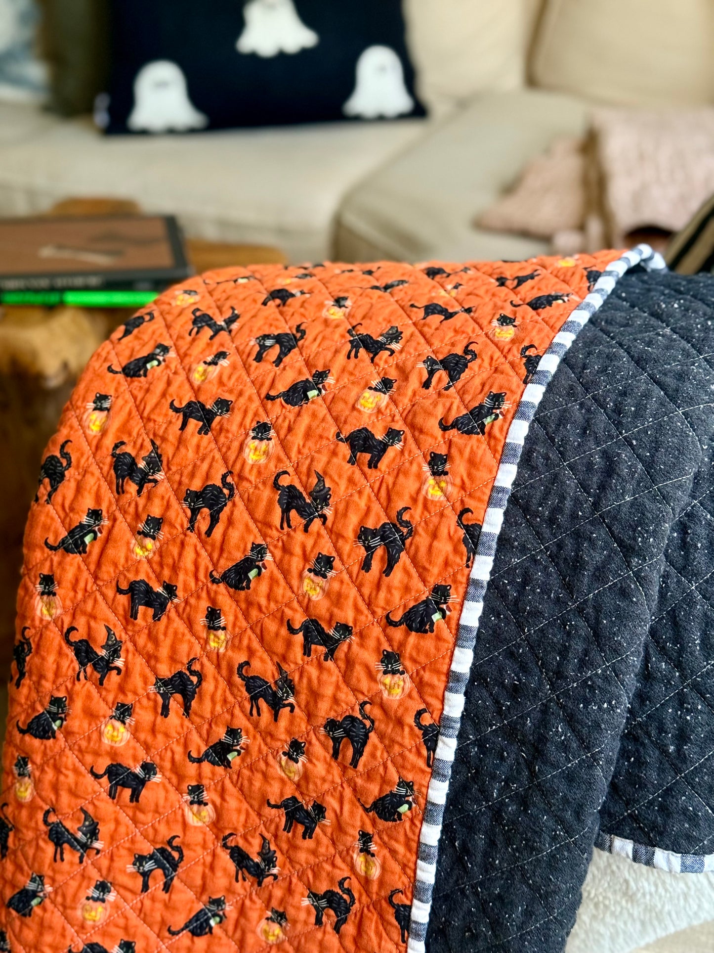 Kid Size Quilt - Orange Halloween Cat