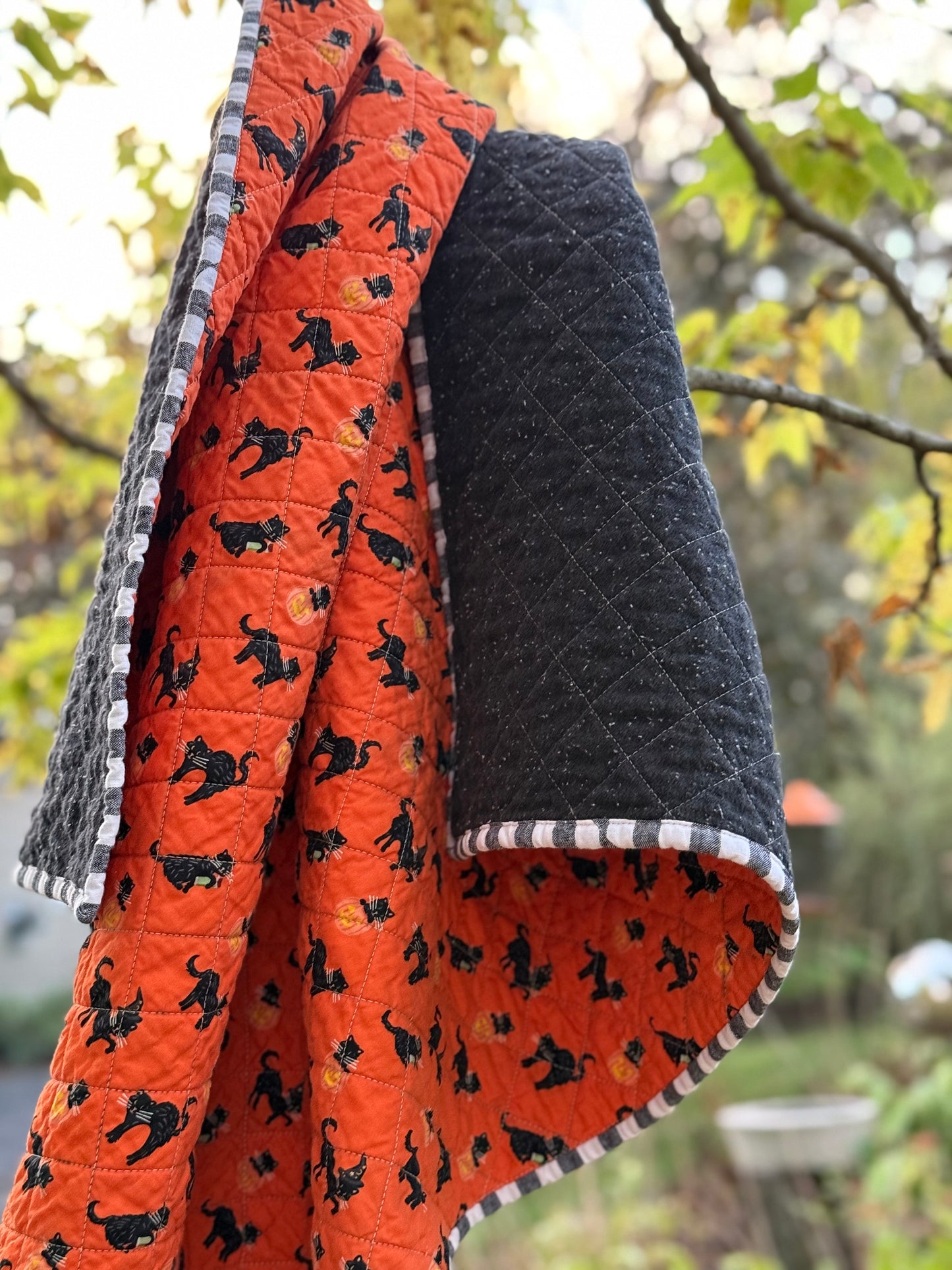 Kid Size Quilt - Orange Halloween Cat