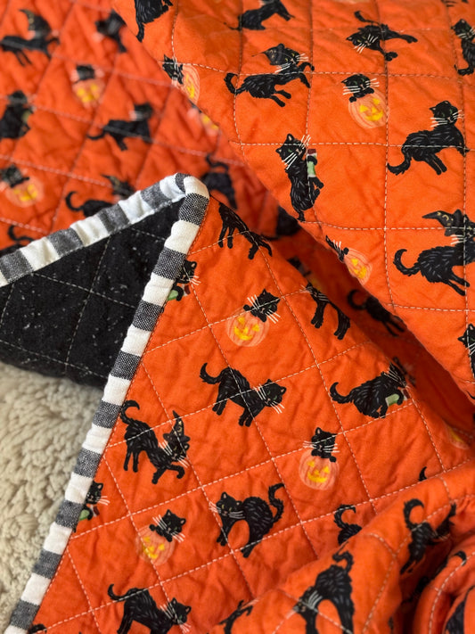 Kid Size Quilt - Orange Halloween Cat