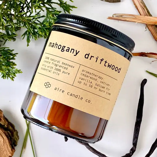 Mahogany Driftwood Beeswax Candle from aire candle co.